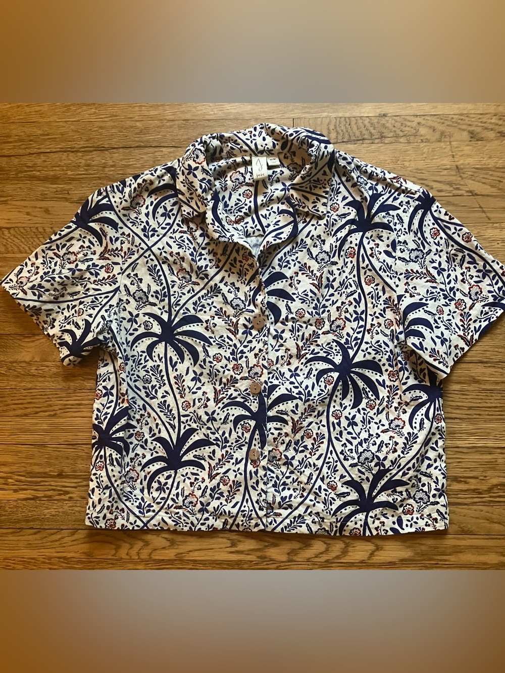 Joie Linen Bled Short Sleeve Button Top   Boxy Crop Ivory Blue Palm Print M